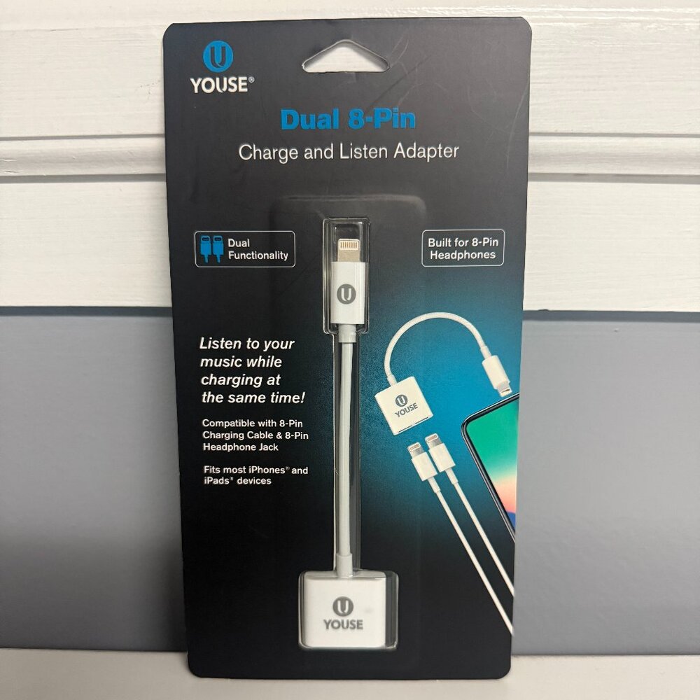 U Youse Dual 8-Pin Charge and Listen Adapter for 8-Pin adapter for iPhones/iPads